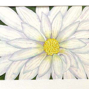 PAINTING WATERCOLOR ORIGINAL ART DAISY FLOWER WHITE BLUE PURPLE 11X14 MAT 16X20